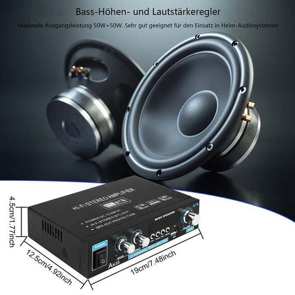 Bluetooth-forstærker - HiFi - Mini 2-kanals forstærker - Sort - 0,55 kg - Trådløs