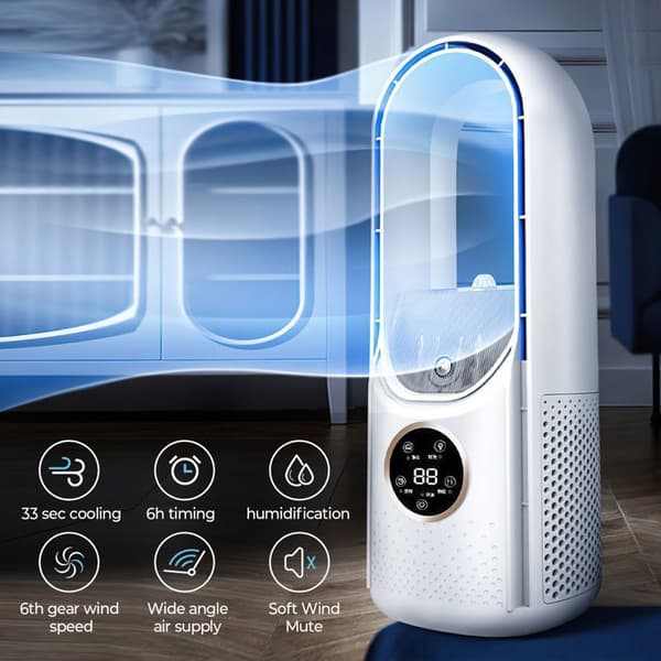 Bladeless fläkt, 6 hastigheter, Timer, LED-display, Kylning och befuktning, Dimma, Hemfläkt