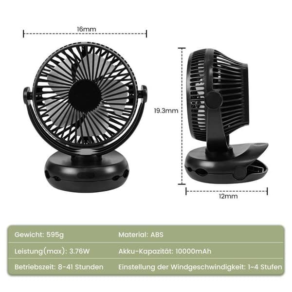 3-i-1 Ventilator - Mini - 10.000 mAh Batteri - 4 Hastigheder - 360° Klips