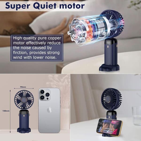 mini USB genopladelig lommeventilator. 5-trins mini lommeventilator med base - mørkeblå.