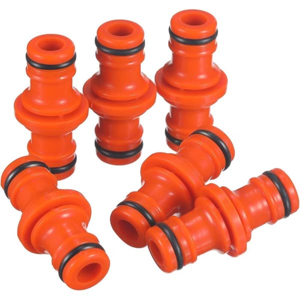 6 stk. dobbelt han-slangekoblinger til samling af haveslanger (orange)