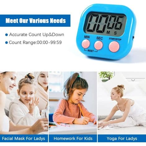 Magnetisk kökstimer med stor LCD-skärm, timer för matlagning, studier, kraftfullt larm och nedräkningstimer, blå