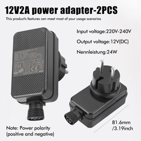 Pakke med 2 12V 2A 24W LED-strømadaptere: IP44 Vandtæt AC-adapter til belysning, strømadapter, EU-stikadapter