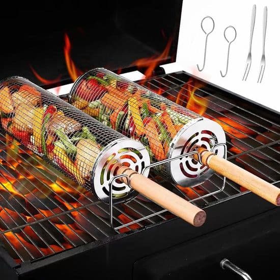 Grillkurv - XVX - Rullende - Rustfritt stål - Trehåndtak - 2 kurver inkludert