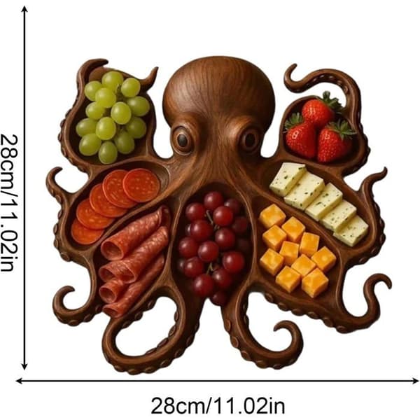 Træfad formet som en blæksprutte, 7 rum, til servering af oste/saucer/charcuteri/nødder, snackskål.