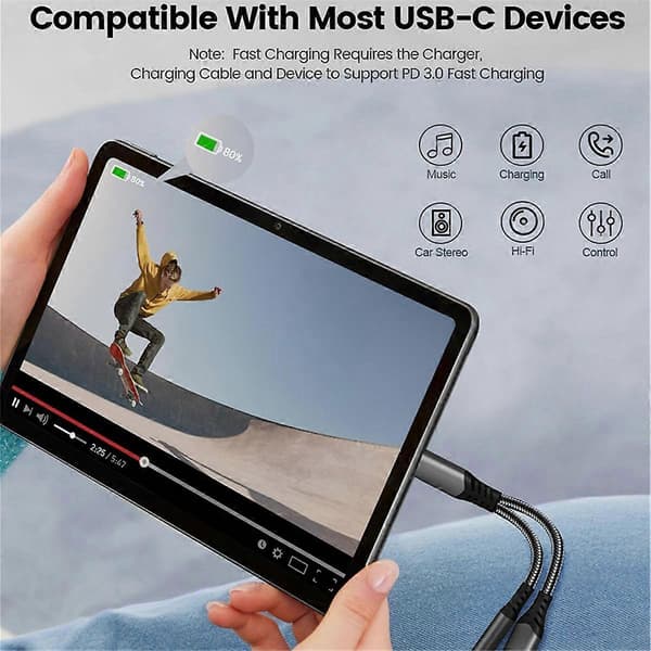 USB C til 3,5 mm hodetelefon- og laderadapter, 2-i-1 USB C til Aux Jack Dongle-kabel med PD 60W