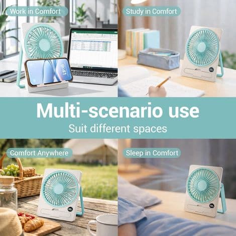 Bordventilator, Lydløs USB-ventilator, Mini Lydløs Ventilator med 5 Hastigheder, LED-display, Lille Bærbar Ventilator (Blå)