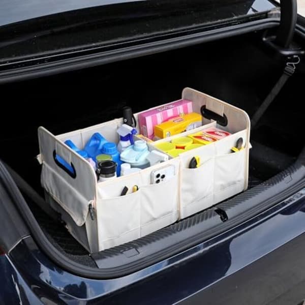 Bilbagagerumsarrangør, sammenklappelig, holdbar, med flere rum og justerbare stropper (beige)