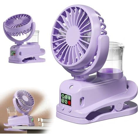 Mini USB Clip-On Ventilator, Mini Genopladelig Ventilator med Befugterspray, 4 Hastigheder, Mini Bærbar Ventilator (Lilla)