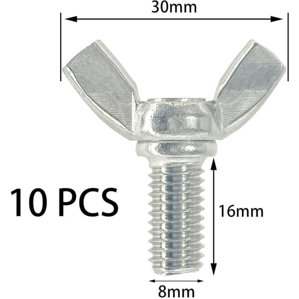 Pakke med 10 M8 vingemøtrikker i rustfrit stål, håndspændte (16 mm)
