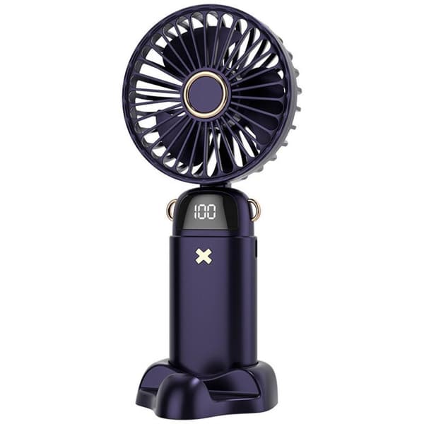 Kompakt USB genopladelig lommeventilator. Sammenfoldelig bordventilator med digitalt display - mørkeblå.