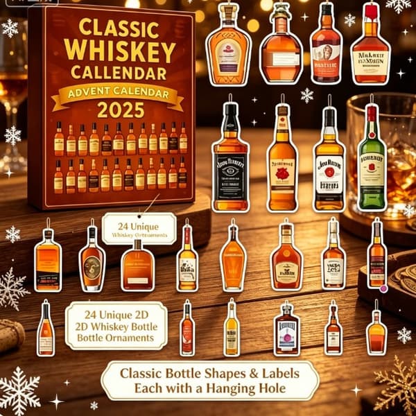 Klassisk Whiskey Julekalender 2026, 24-dages Nedtælling til Jul med 2D Flade Mini Whiskeyflaske Ophæng