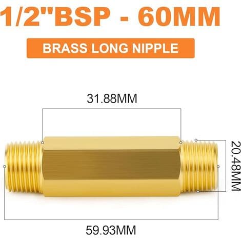 5-delt messing lang nippel, 1/2 BSP messingrørsfitting, 60 mm lang