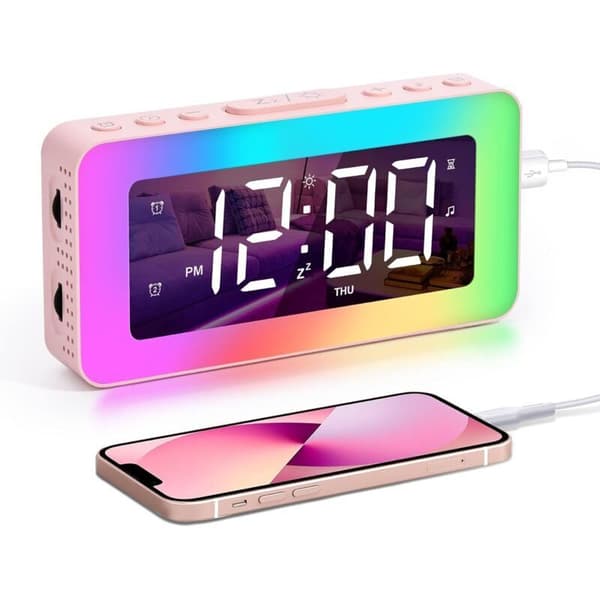 Vækkeur til børn og voksne - Digitalt ur med dobbelt alarm, 8 søvnlyde, natlys - Sleep Timer