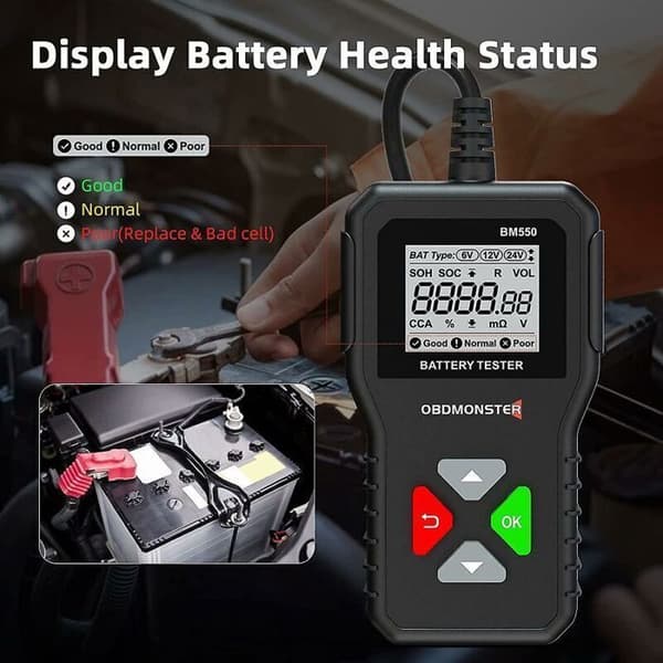 Digital batteritester - 6V/12V/24V kompatibilitet - Testbar kapacitet 2Ah til 220Ah