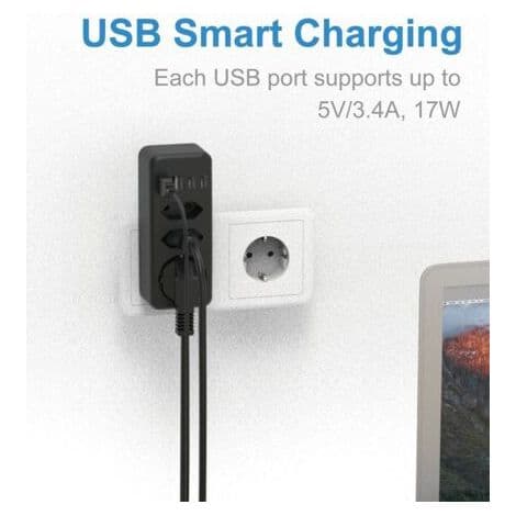 7-i-1 strømskinne med EU-plugg og overspenningsvern - 3 strømuttak + 2 USB-A + 2 USB-C