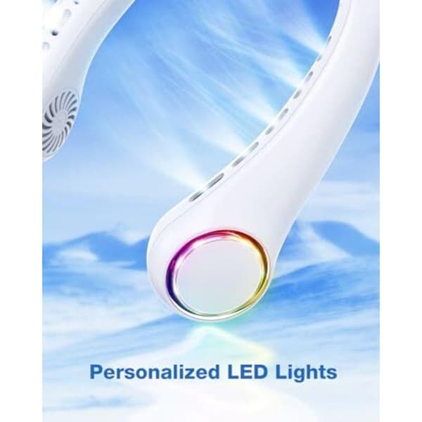 Mini USB halsventilator, håndfri, tre blæserhastigheder, med LED-lys. Bærbar ventilator, hvid.
