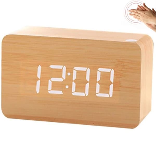 Digitalt vækkeur i træ - 12/24 timers datovisning - LED-belysning