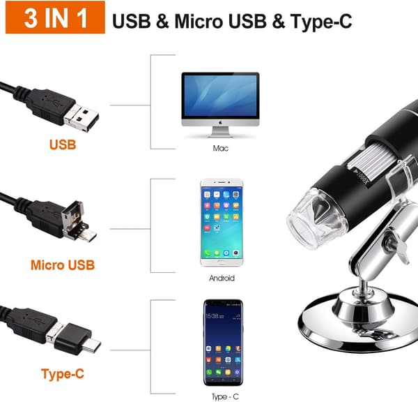 40X-1000X Digital USB Mikroskop, 8 LED Endoskopkamera med Metalstativ og Montering, Kompatibel med Android, Windows 7, 8, 10, Linux og Mac