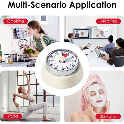 Visuell timer, kjøkkentimer med magnetisk base, 60-minutters nedtelling, mekanisk klokke, batterifri (hvit)