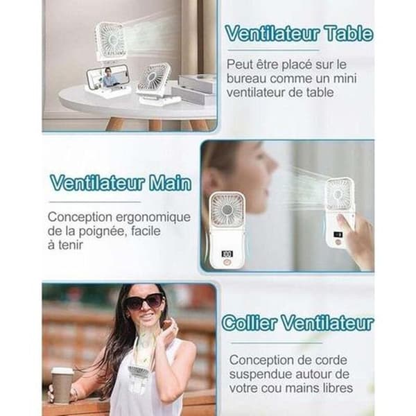 Mini bærbar ventilator. USB genopladelig lommeventilator. Lille sammenklappelig ventilator med LED-display - hvid.