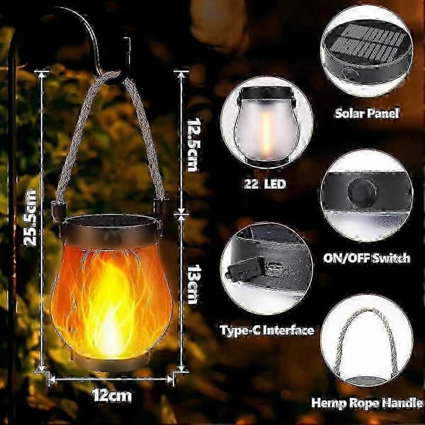 Solar Lanterns Flickering Flame Garden Lights with Dual Charging USB Solar Outdoor Waterproof Hanging