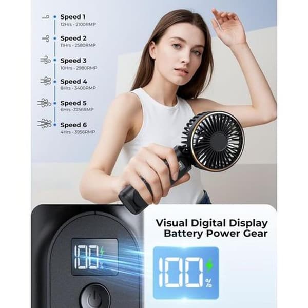 USB genopladelig bærbar ventilator. Mini lydløs lomme-/skrivebordsventilator - sort med skærm.