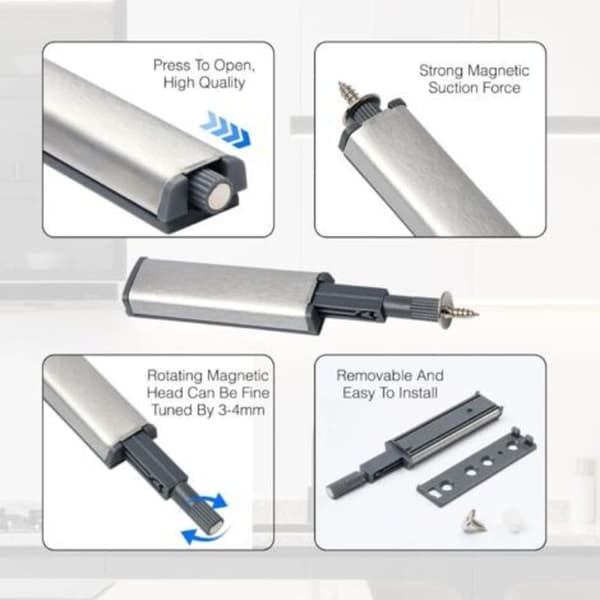 10 stk. Push-to-Open Magnetisk Dørskabslås, Magnetlås med Dæmper, Dørnedbremsningsbuffer, Push-to-Open System