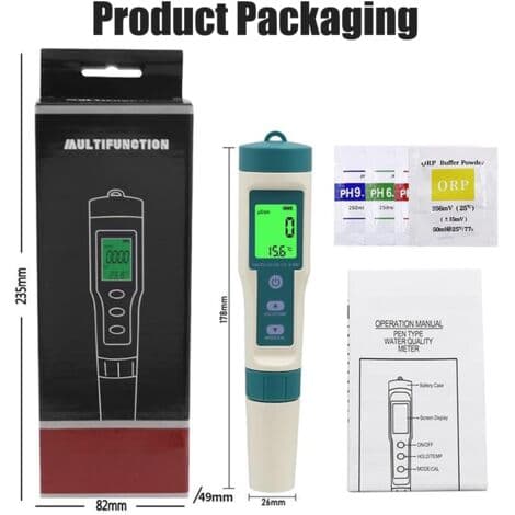 8-i-1 Elektronisk pH-måler – Tester pH, TDS, Salinitet, EC, ORP, Temperatur – Til swimmingpools, akvarier, hydroponik