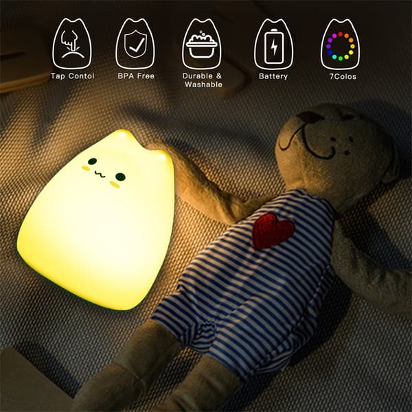 Sengelampe Mini populær kattenatlampe til børn, 7 farver, berøring, dokumentændring