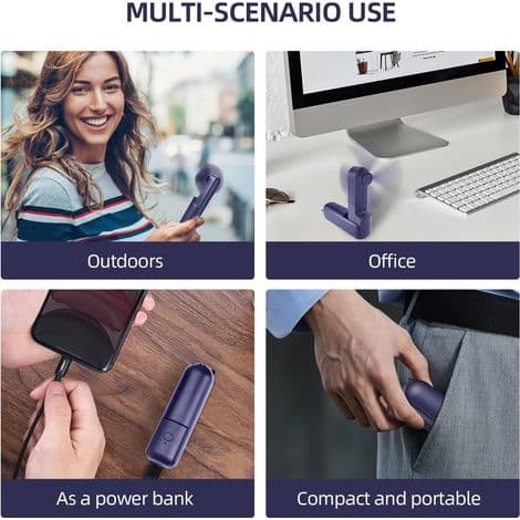 Mini bærbar ventilator, foldbar genopladelig håndholdt USB bærbar bordventilator, 3 hastigheder, til kontor, udendørs
