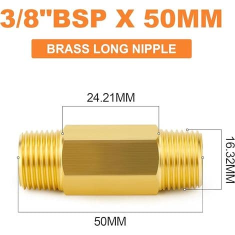 2-delt messing, 3/8 BSP udvendigt gevindrørfittings, 50 mm lang messingrørfitting