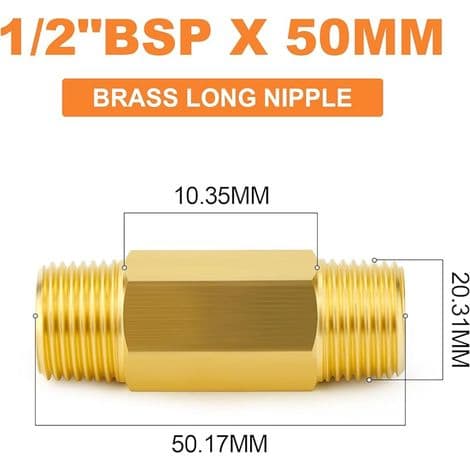 2-delt messing lang nippel, 1/2 BSP 50 mm lang messingrørsfitting