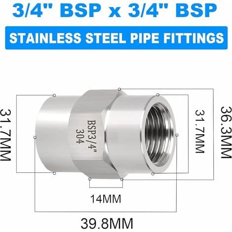 Stykker 3/4\" BSP Hun til Hun Sekskantet Muffe, 304 Rustfrit Stål Rørfitting Adapter til Industriel VVS