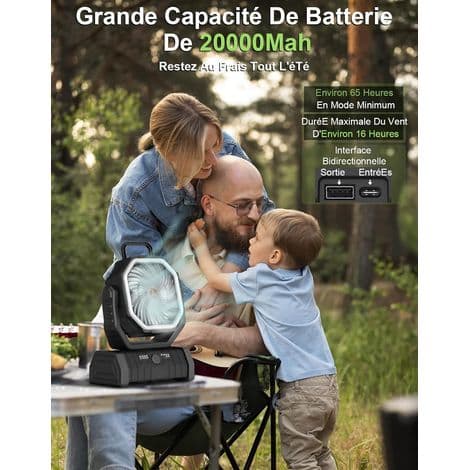 Campingventilator med LED-lanterne, 4 hastigheder, Stille campingventilator, 20000 mAh batteri, 360° rotation, USB-drevet