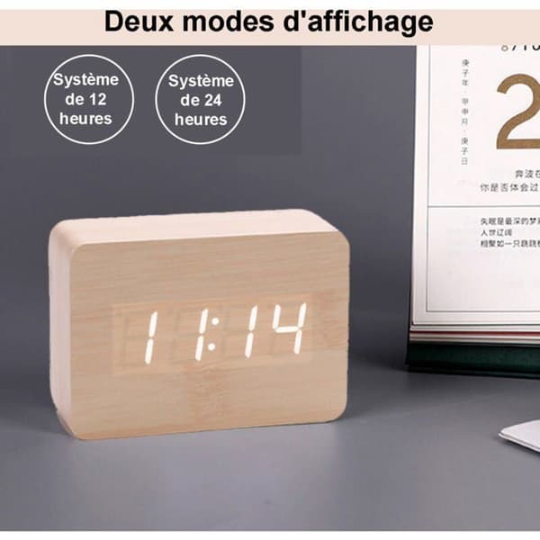 Digital väckarklocka i trä - 12/24 timmars datumvisning - LED-belysning