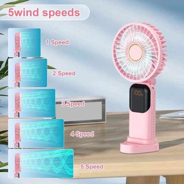 Mini bærbar ventilator. USB genopladelig ventilator. Med stativ. Stille og foldbar lommeventilator (pink).