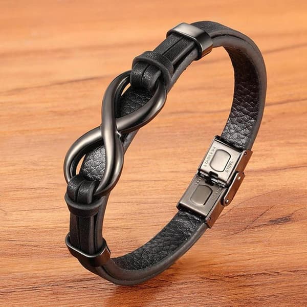Armbånd i rustfrit stål og læder, uendelighedsmønster, sort, til mænd.