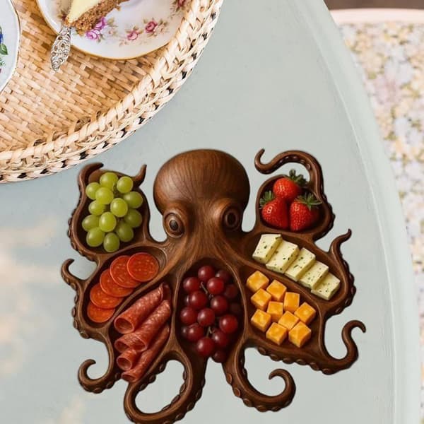 Træfad formet som en blæksprutte, 7 rum, til servering af oste/saucer/charcuteri/nødder, snackskål.