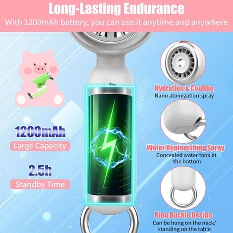 Mini bærbar vandsprayventilator - USB genopladelig 1200mAh sød gris design bordventilator, hvid