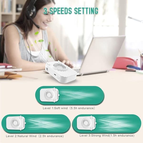 Bærbar halsventilator, genopladelig loftventilator, lille USB-lommeventilator til udendørs brug (hvid)