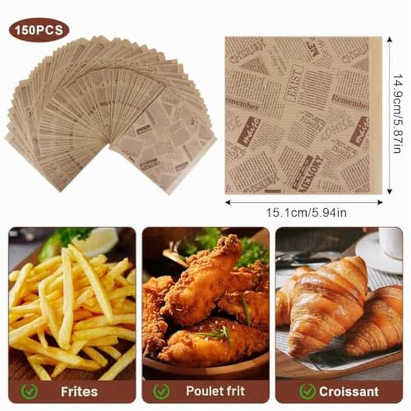 150-pack papperspåsar för hamburgare, tidningstryck, triangulära papperspåsar för matförpackning (15 x 15 cm)