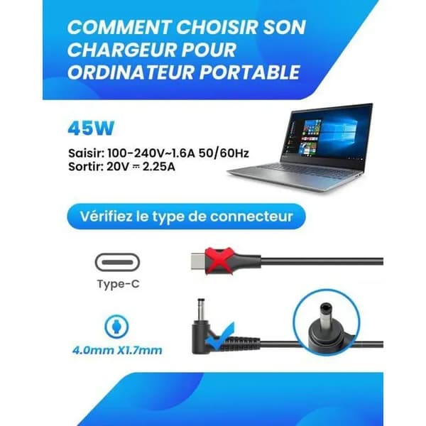 45W Lader - Lenovo - AC-adapter - DC 20V 2.25A - 4.0 mm x 1.7 mm kontakt