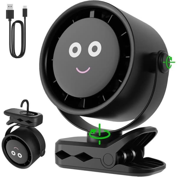 Bærbar ventilator, 4000mAh, 5 hastigheder, 360° rotation, klips og krog – til kontor, barnevogn, camping – Sort
