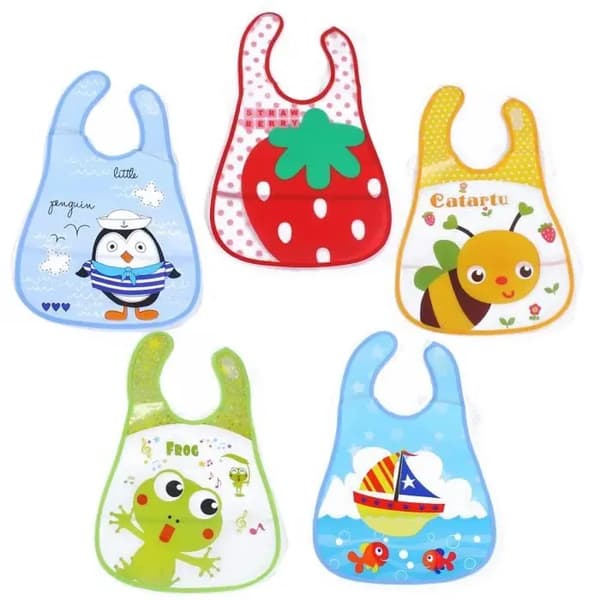 Set med 5 haklappar för bebisar, vattentäta haklappar med tecknad design - present till babyshower