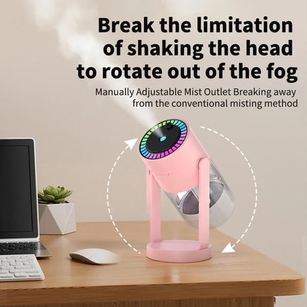 Bærbar Roterende Luftfugter med Projektionslys, Bil Diffuser, Farverig Markise, Ambient Lys, 280ml Pink