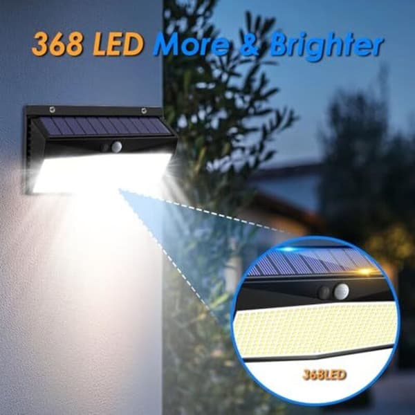 Sett med 2 utendørs solcellelamper med 368 LED, bevegelsessensor, 3 lysmoduser, IP65 vanntett, varmhvitt lys.