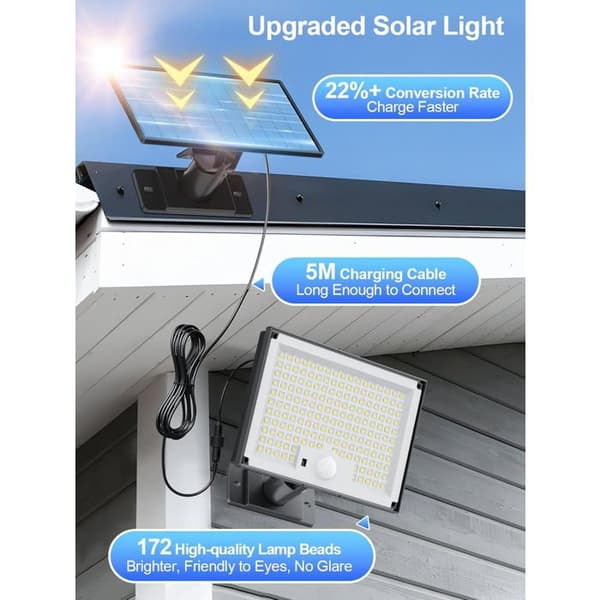 172 LED utendørs solcellelampe med 3 moduser, bevegelsessensor, IP65-klassifisering (kaldhvit), 2-pakning