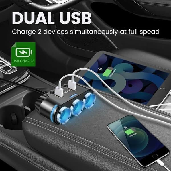 Cigarettænderadapter - 3 stik - 2 USB-porte - LED-display - Integreret sikkerhed