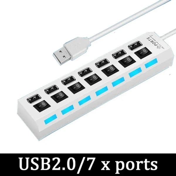 USB 3.0 strømadapter, 4/7 porter, Multi USB-splitter, USB 2.0, Flere utvidelsesbrytere, 30 cm, dokkingstasjon